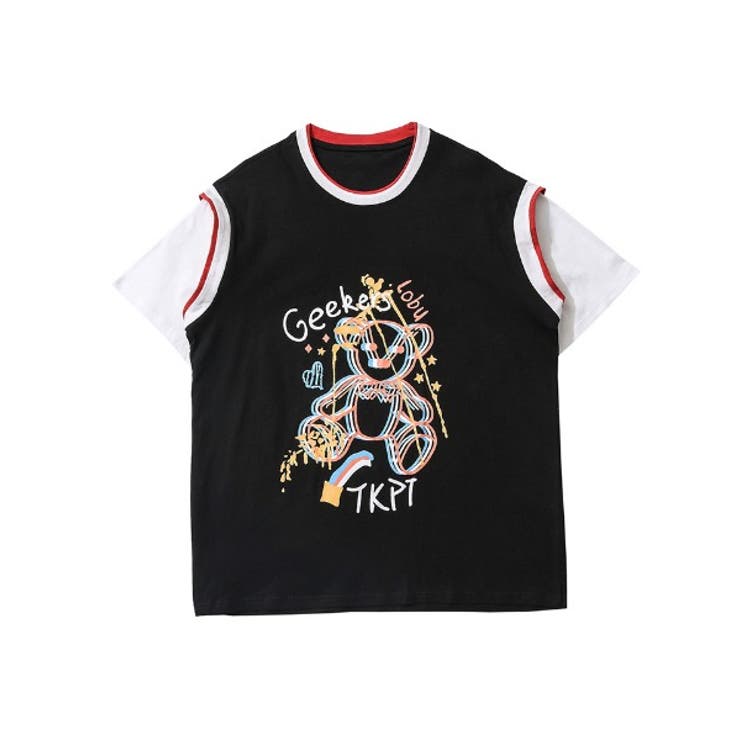 ブラック | レイヤード風バスケット服ユニフォーム半袖tシャツ 韓国ファッション ストリート系 | HOOK