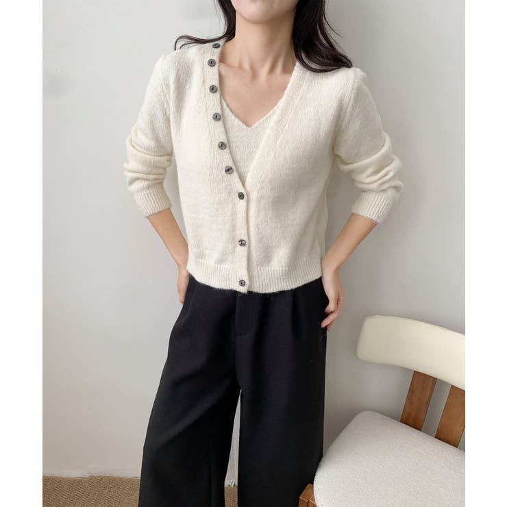 オフホワイト | キャミソール付きふんわりニットカーディガンセット アンサンブル | aimoha 