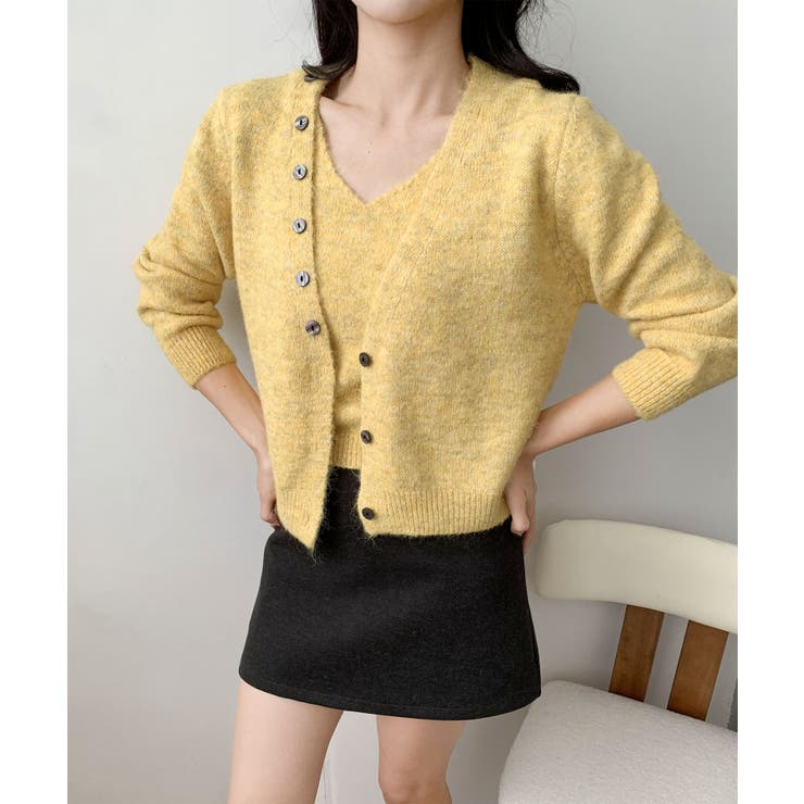 イエロー | キャミソール付きふんわりニットカーディガンセット アンサンブル | aimoha 