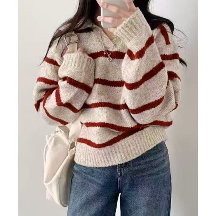 レッド | ボーダーニットプルオーバー | aimoha 