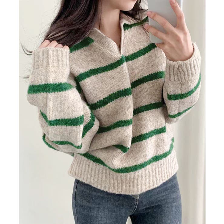 グリーン | ボーダーニットプルオーバー | aimoha 