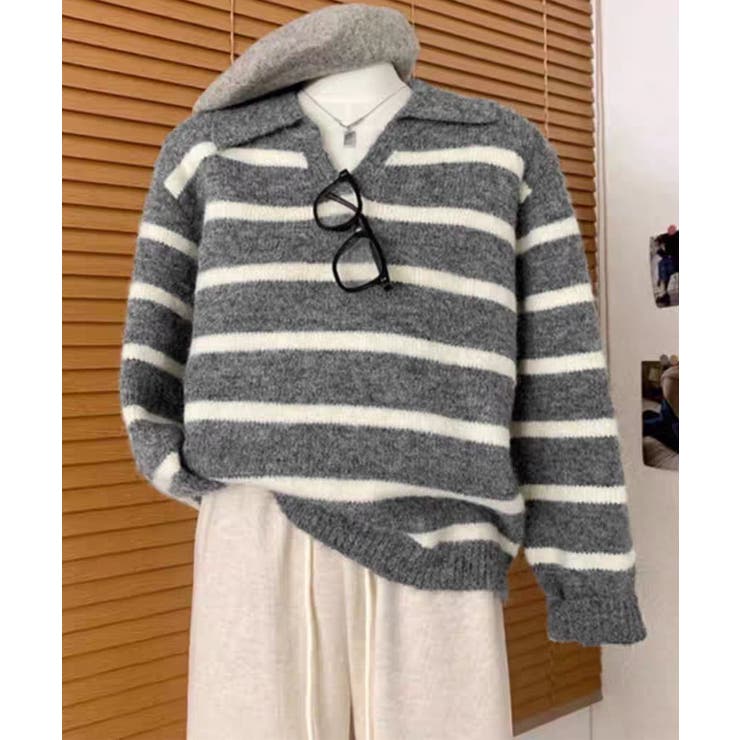 グレー | ボーダーニットプルオーバー | aimoha 
