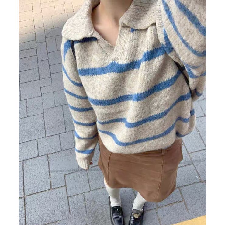 ブルー | ボーダーニットプルオーバー | aimoha 
