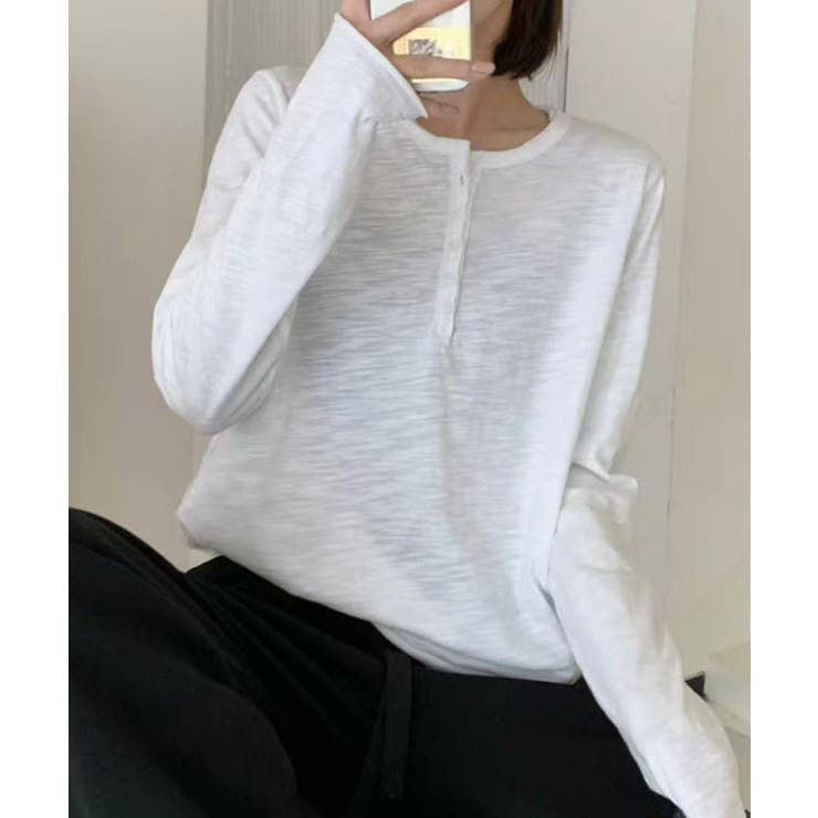 ホワイト | ヘンリーネック長袖Tシャツ | aimoha 
