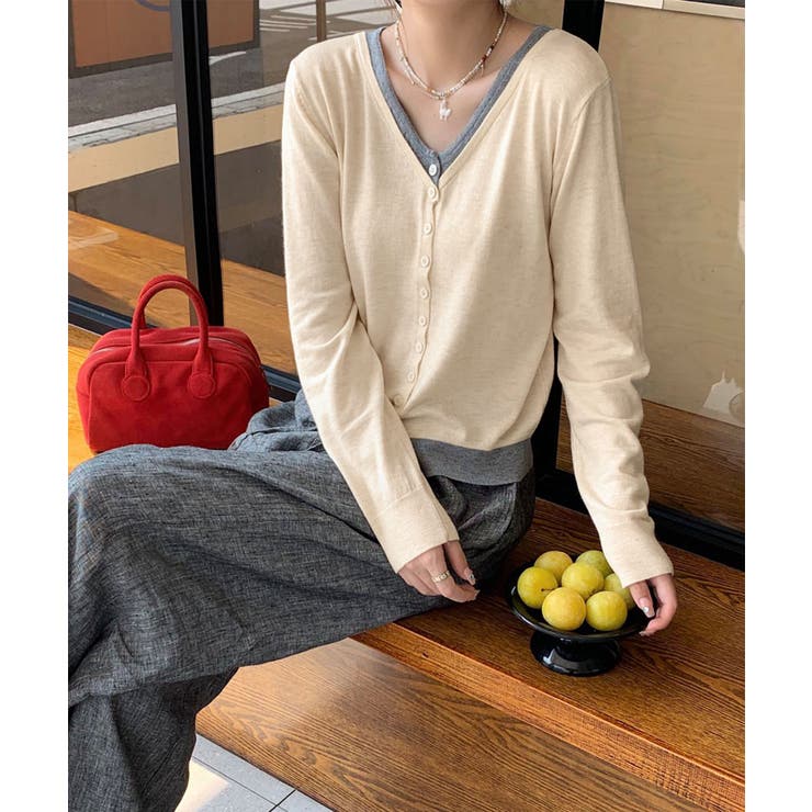 バイカラーVネックニットカーディガン | aimoha  | 詳細画像1 