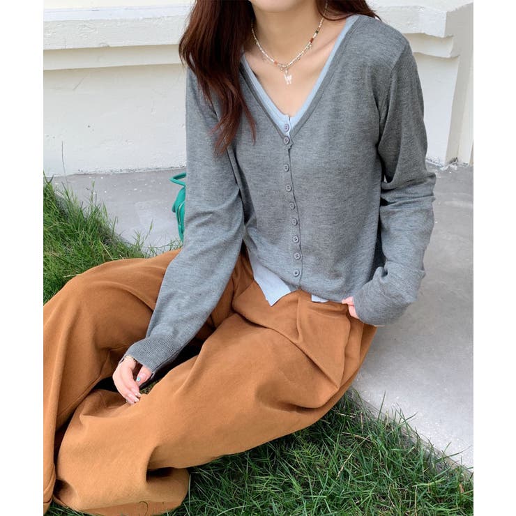 グレー | バイカラーVネックニットカーディガン | aimoha 