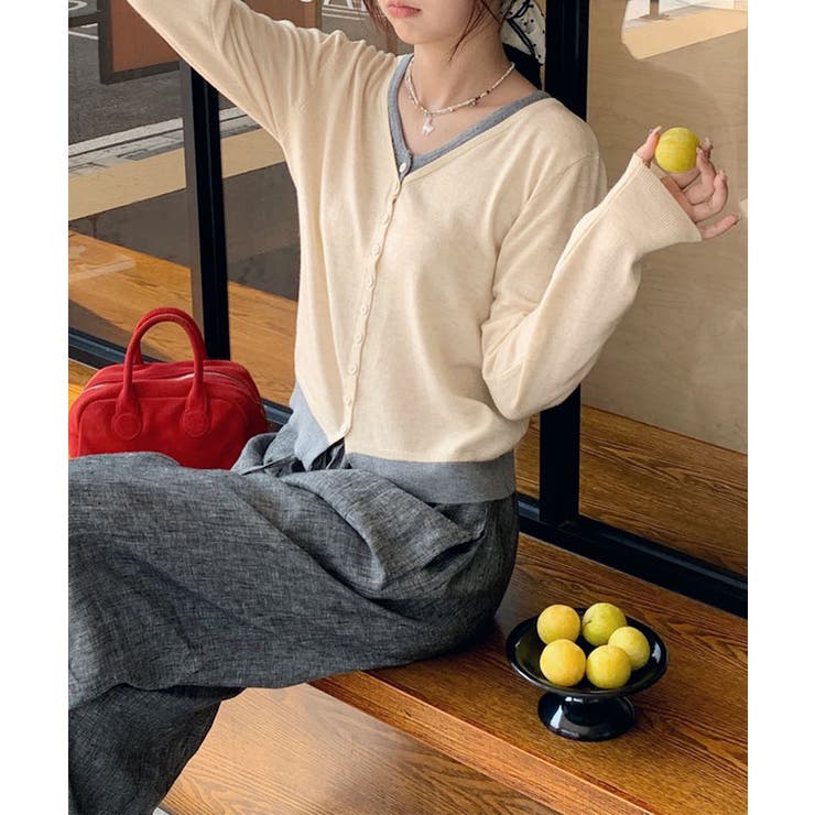 ライトベージュ | バイカラーVネックニットカーディガン | aimoha 