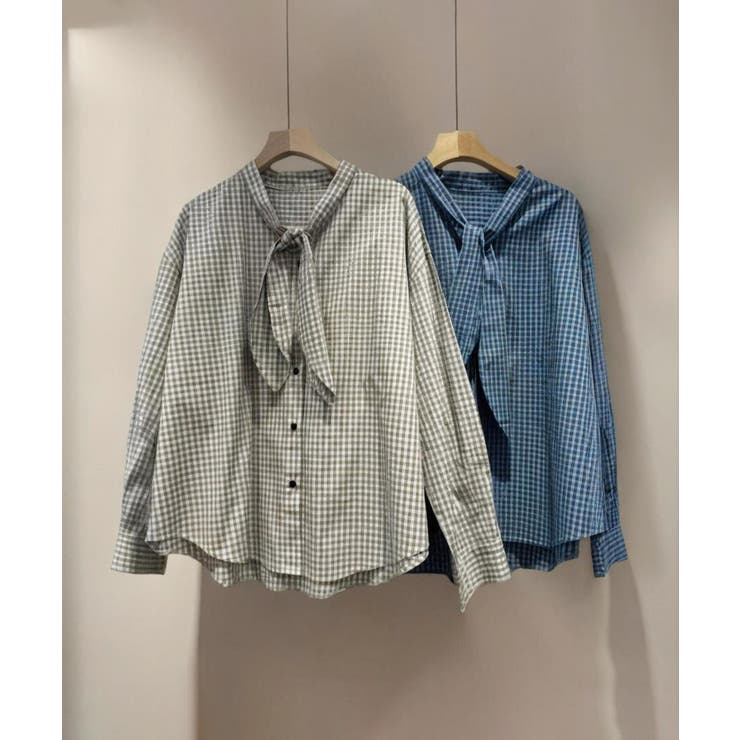 リボンタイ付きギンガムチェックシャツ | aimoha  | 詳細画像1 