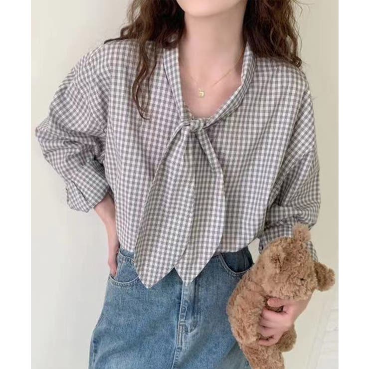 グレー | リボンタイ付きギンガムチェックシャツ | aimoha 