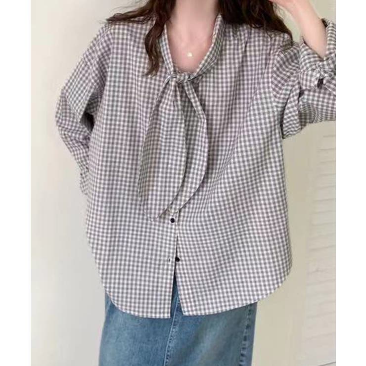 リボンタイ付きギンガムチェックシャツ | aimoha  | 詳細画像3 