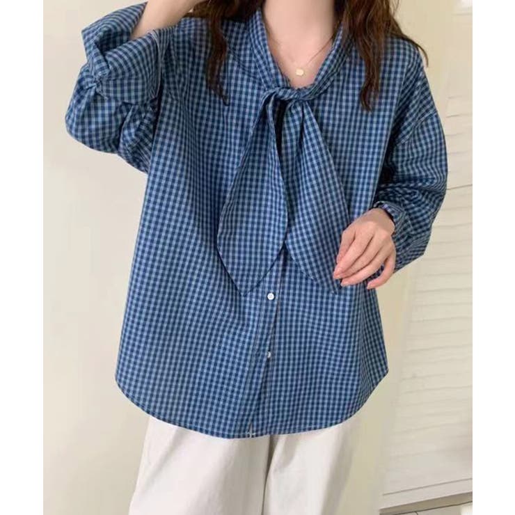 ブルー | リボンタイ付きギンガムチェックシャツ | aimoha 