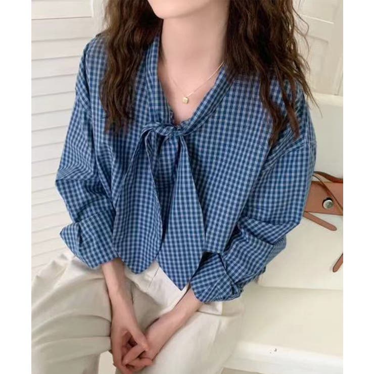 リボンタイ付きギンガムチェックシャツ | aimoha  | 詳細画像4 