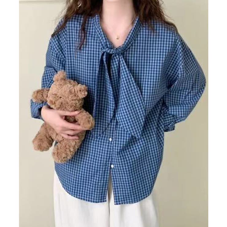 リボンタイ付きギンガムチェックシャツ | aimoha  | 詳細画像5 