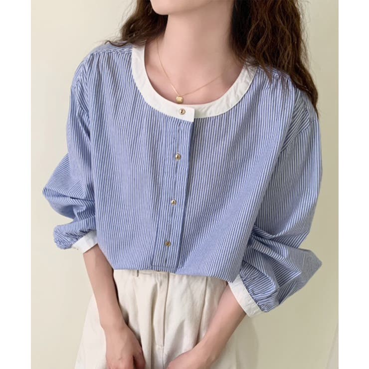 ブルー | ラウンドネックハーフボタンシャツ | aimoha 