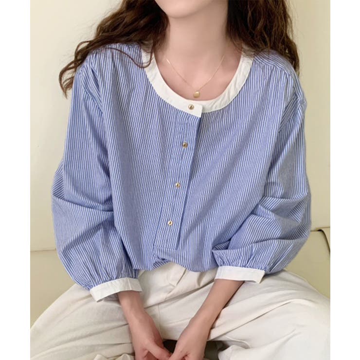 ラウンドネックハーフボタンシャツ | aimoha  | 詳細画像1 