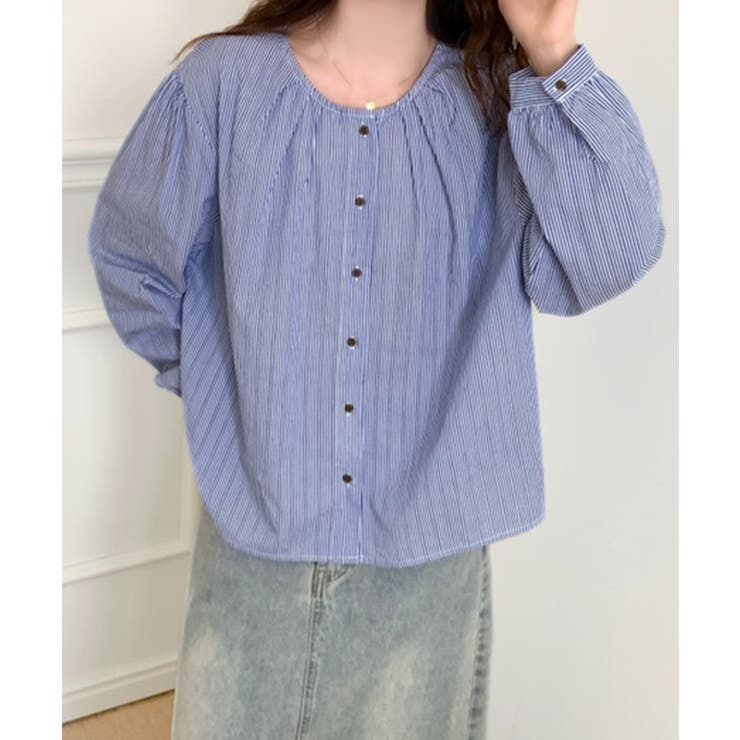 ブルー | ギャザーラウンドネックコットンブラウス | aimoha 