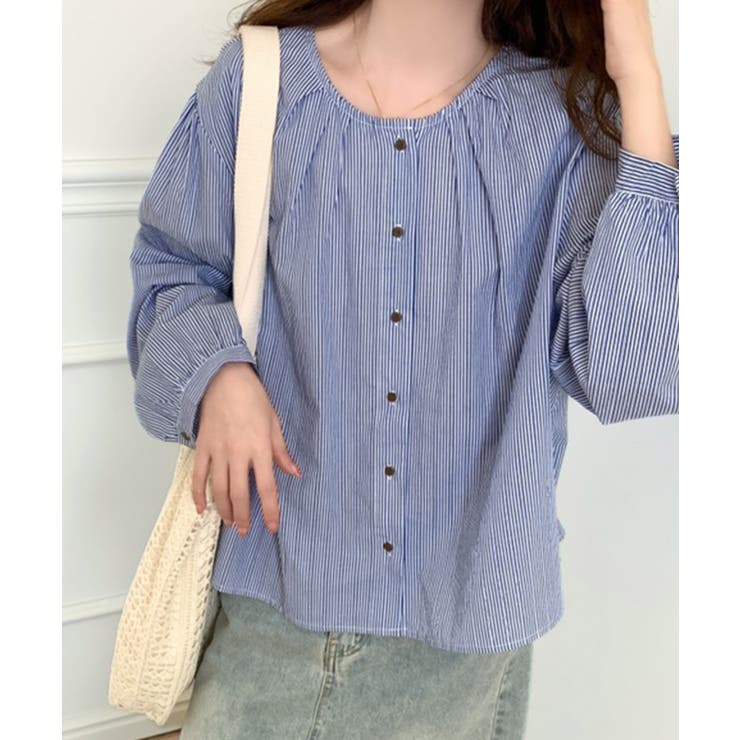 ギャザーラウンドネックコットンブラウス | aimoha  | 詳細画像1 