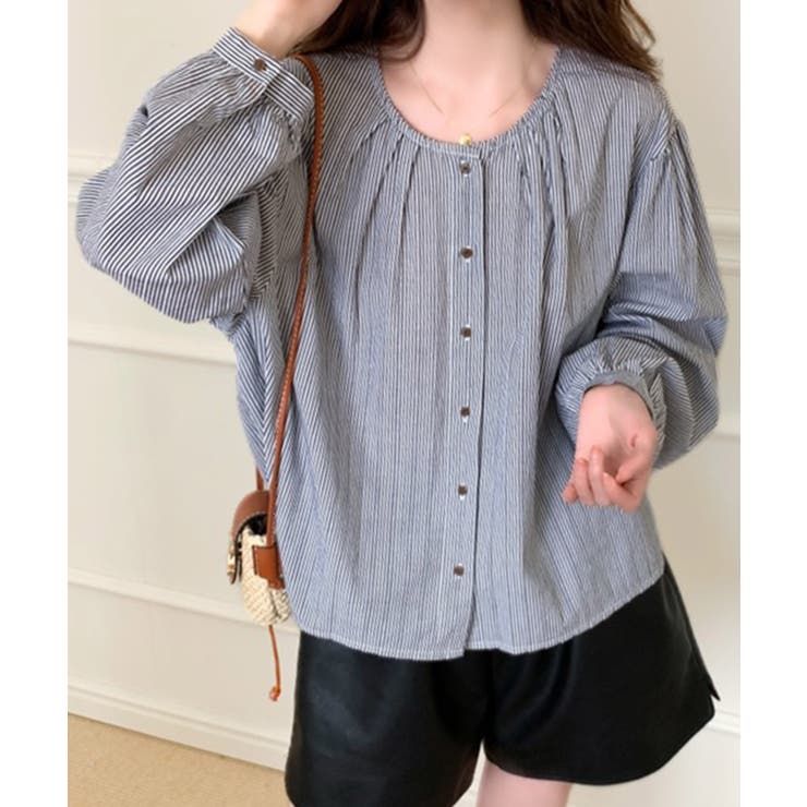 グレー | ギャザーラウンドネックコットンブラウス | aimoha 