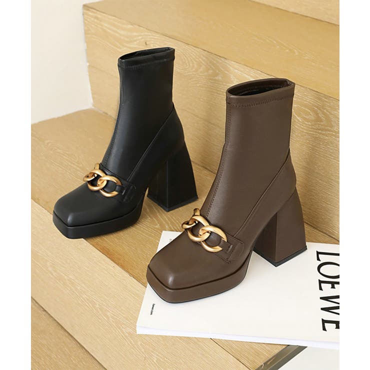 チェーン厚底太ヒールショートブーツ 韓国ファッション ハイウエスト | aimoha  | 詳細画像9 