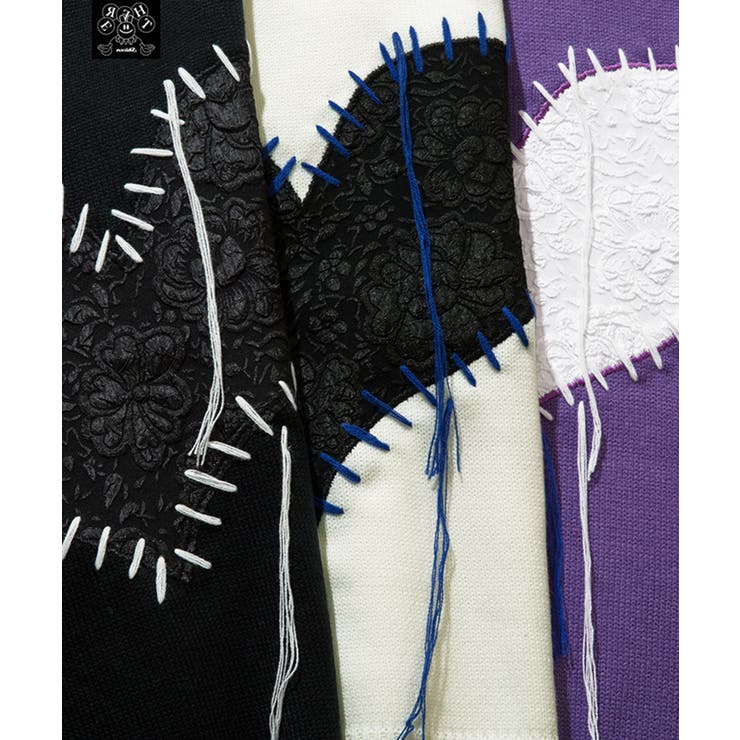 ホワイト】ハートパッチワーク 垂れ糸デザインニット 韓国ファッション