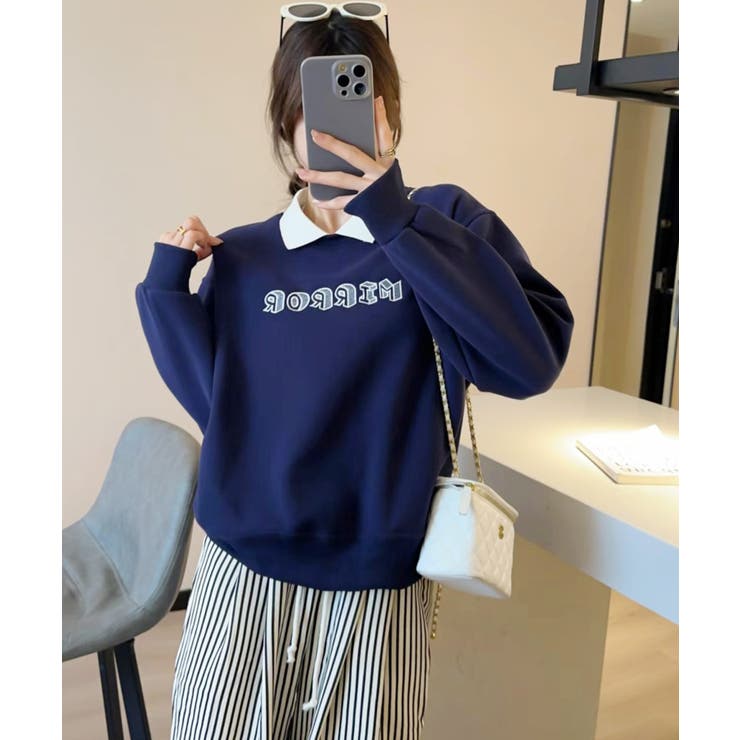 ネイビー | フェイクレイヤードスウェット | aimoha 