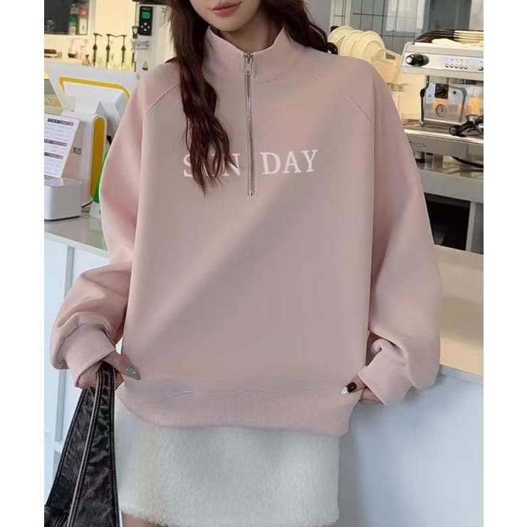 ピンク | ロゴプリントハーフジップトレーナー | aimoha 