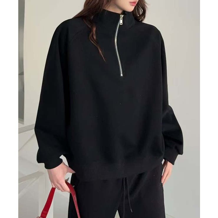 ブラック | ジップデザインカジュアルスウェットハーフジップ | aimoha 