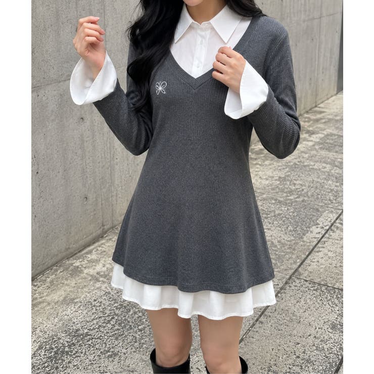 【Jasmine】シャツ襟フェイクレイヤードミニワンピース | aimoha  | 詳細画像2 