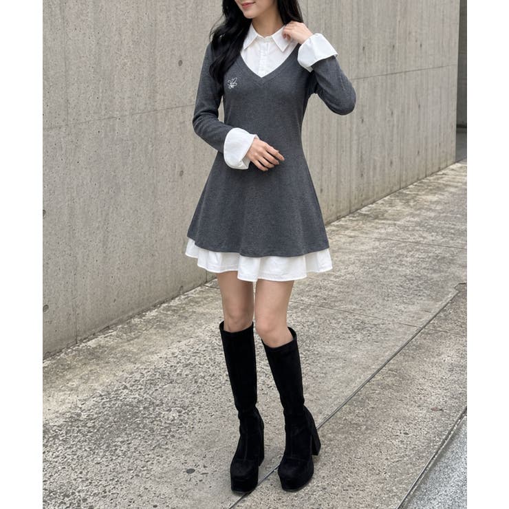 【Jasmine】シャツ襟フェイクレイヤードミニワンピース | aimoha  | 詳細画像5 