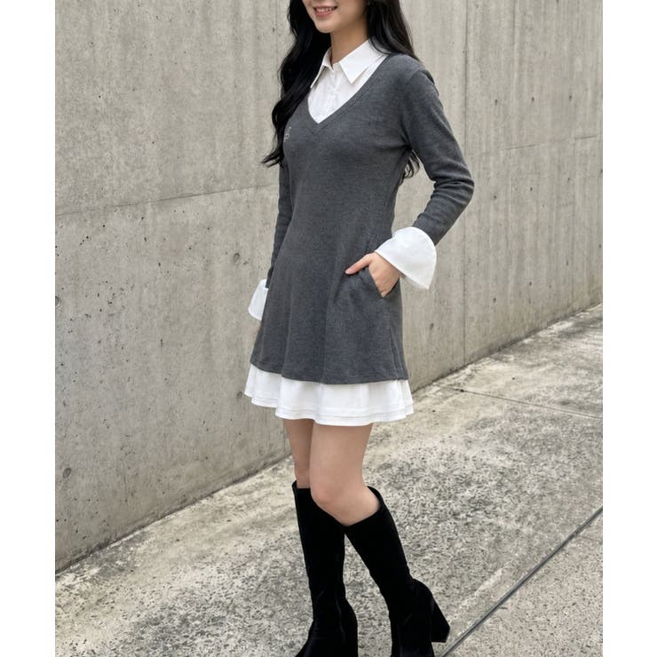 【Jasmine】シャツ襟フェイクレイヤードミニワンピース | aimoha  | 詳細画像6 