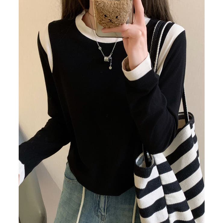 ブラック | 【Banico】カラーコンビネーション長袖トップス | aimoha 