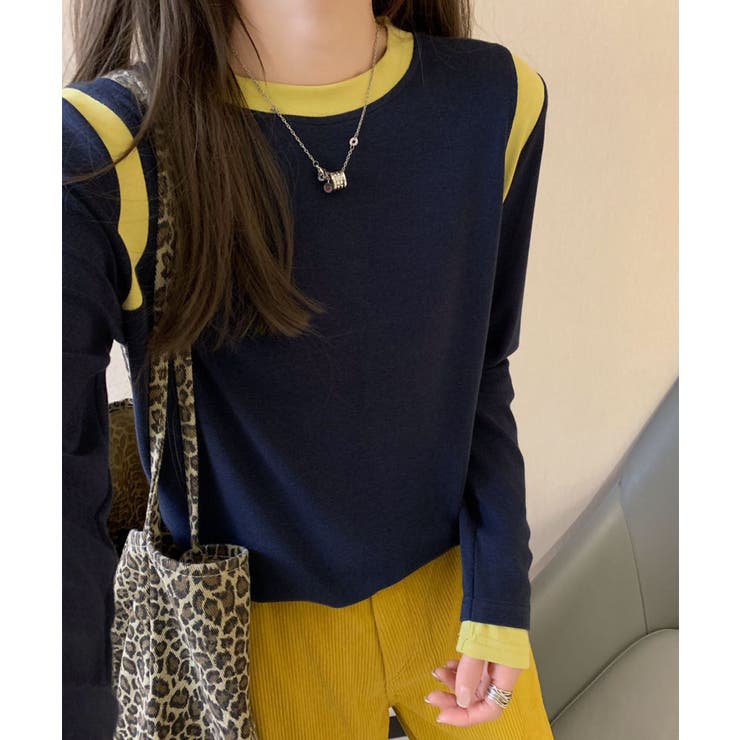 ネイビー | 【Banico】カラーコンビネーション長袖トップス | aimoha 