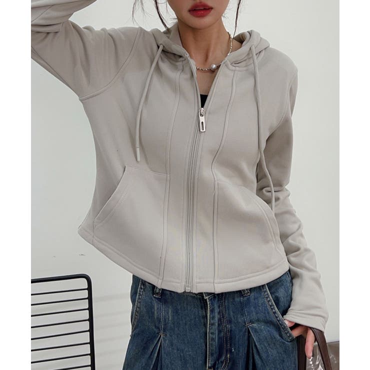 ベージュ | 裏起毛フルジップショートパーカー【AW】 | aimoha 