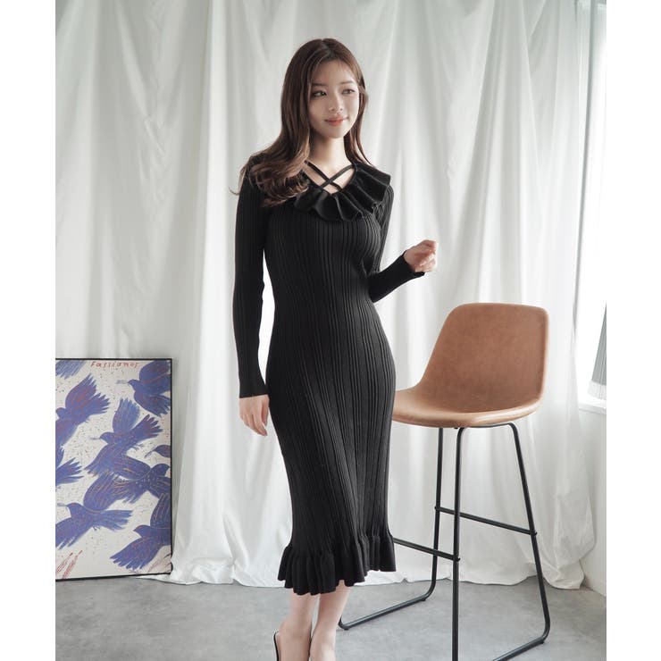 KAREN MILLEN ロングドレス ワンピース タイト ニット フレア ロングスリーブ フレアニットワンピース｜JENNE(ジェンヌ)公式