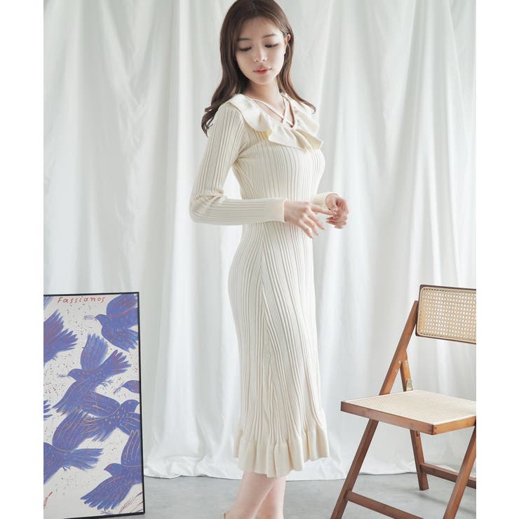 KAREN MILLEN 長袖 ニット ミディドレス フレア 無地 ワンピース KAREN MILLEN 長袖 ニット フレア 無地 ミディドレス ワンピース