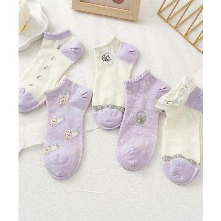 パープル1 | 【MOSOX】ガーリー刺繍デザインコットン混アンクルソックス 5足セット | aimoha 