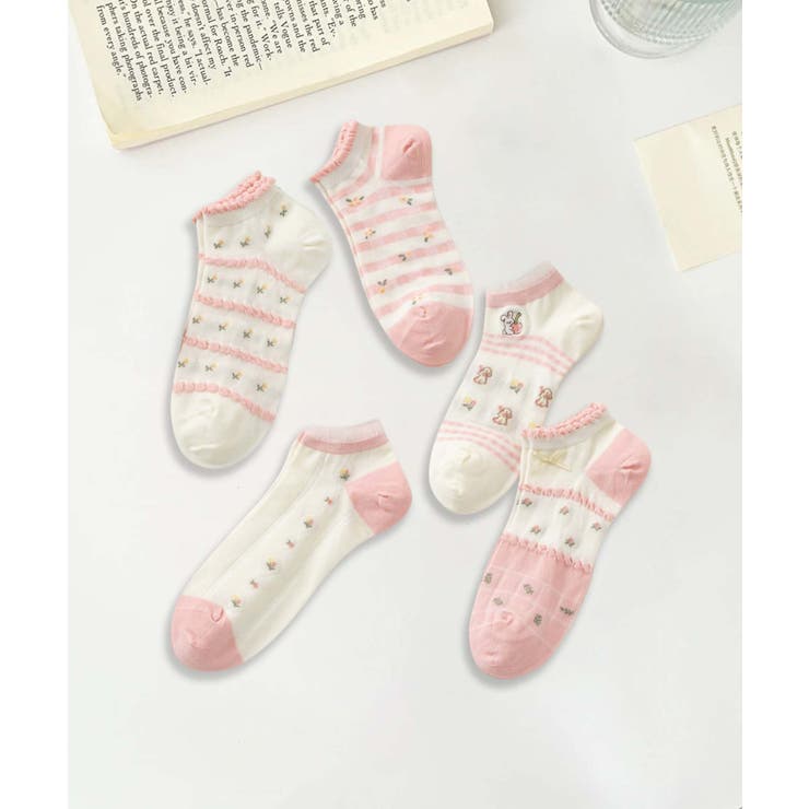 【MOSOX】ガーリー刺繍デザインコットン混アンクルソックス 5足セット | aimoha  | 詳細画像8 