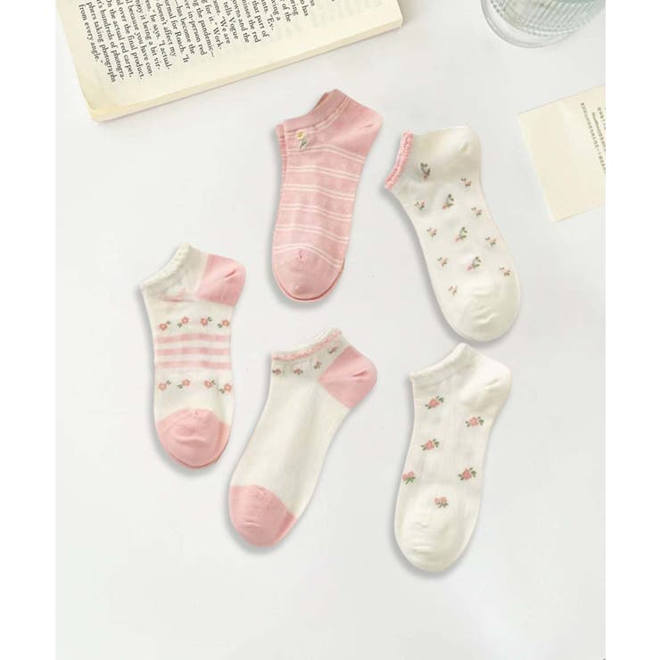 【MOSOX】ガーリー刺繍デザインコットン混アンクルソックス 5足セット | aimoha  | 詳細画像11 
