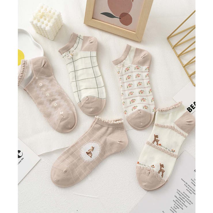 ベージュ1 | 【MOSOX】ガーリー刺繍デザインコットン混アンクルソックス 5足セット | aimoha 