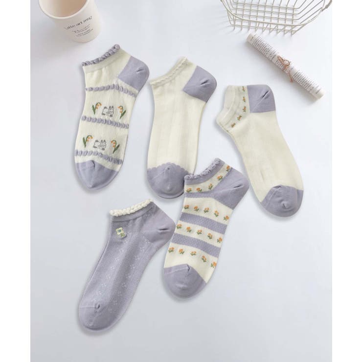 パープル2 | 【MOSOX】ガーリー刺繍デザインコットン混アンクルソックス 5足セット | aimoha 