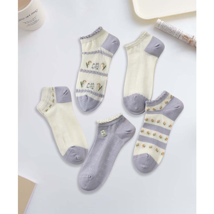 【MOSOX】ガーリー刺繍デザインコットン混アンクルソックス 5足セット | aimoha  | 詳細画像18 
