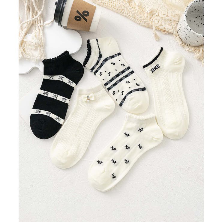 【MOSOX】ガーリー刺繍デザインコットン混アンクルソックス 5足セット | aimoha  | 詳細画像19 