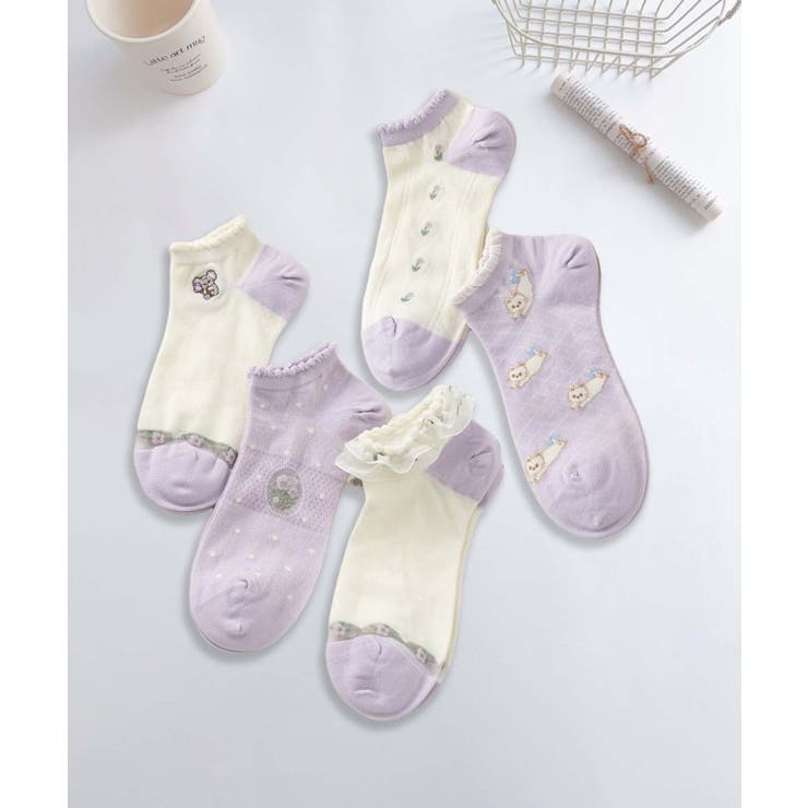 【MOSOX】ガーリー刺繍デザインコットン混アンクルソックス 5足セット | aimoha  | 詳細画像2 
