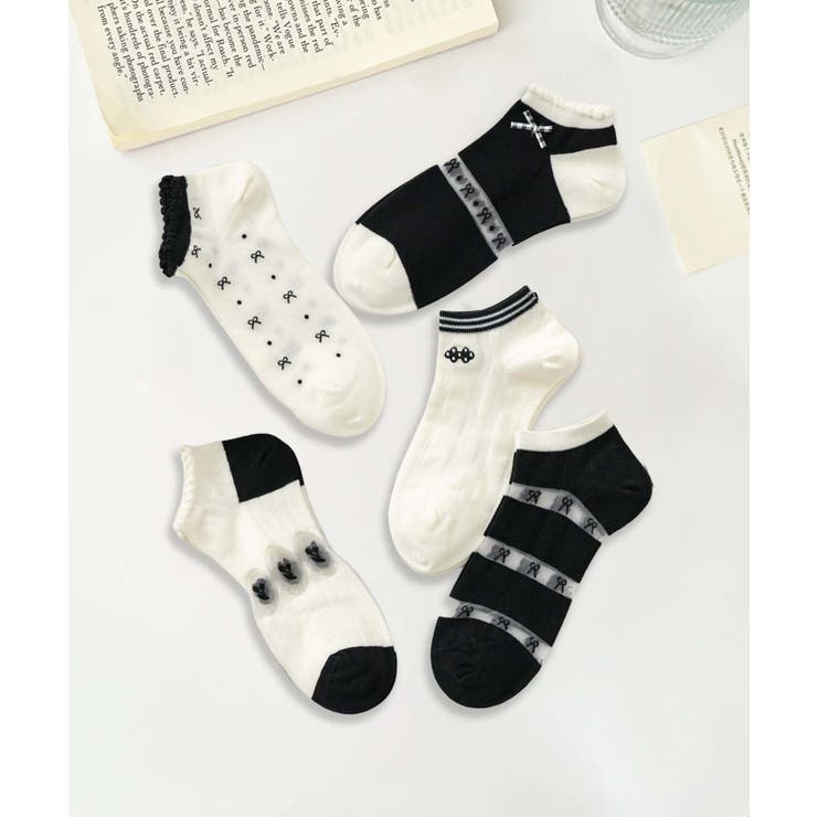 ブラック2 | 【MOSOX】ガーリー刺繍デザインコットン混アンクルソックス 5足セット | aimoha 