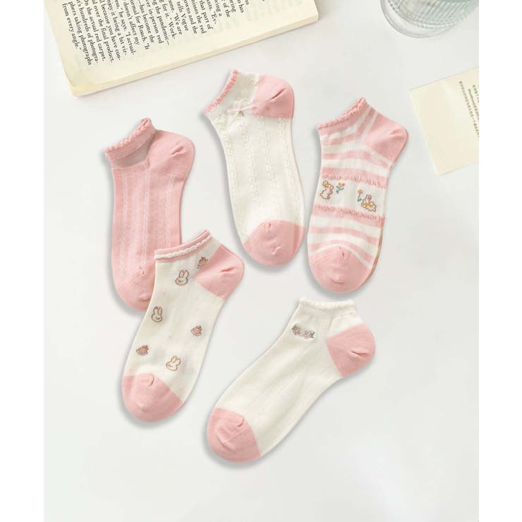 ピンク3 | 【MOSOX】ガーリー刺繍デザインコットン混アンクルソックス 5足セット | aimoha 
