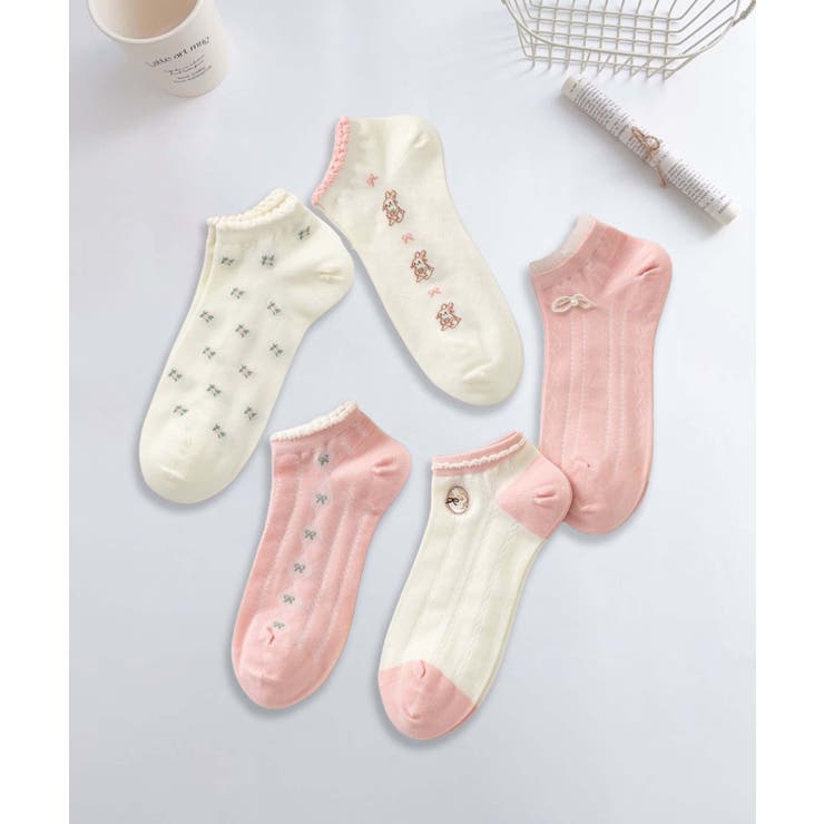 【MOSOX】ガーリー刺繍デザインコットン混アンクルソックス 5足セット | aimoha  | 詳細画像28 