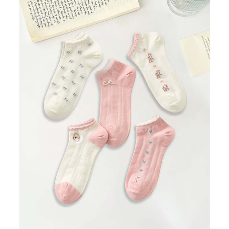 【MOSOX】ガーリー刺繍デザインコットン混アンクルソックス 5足セット | aimoha  | 詳細画像29 
