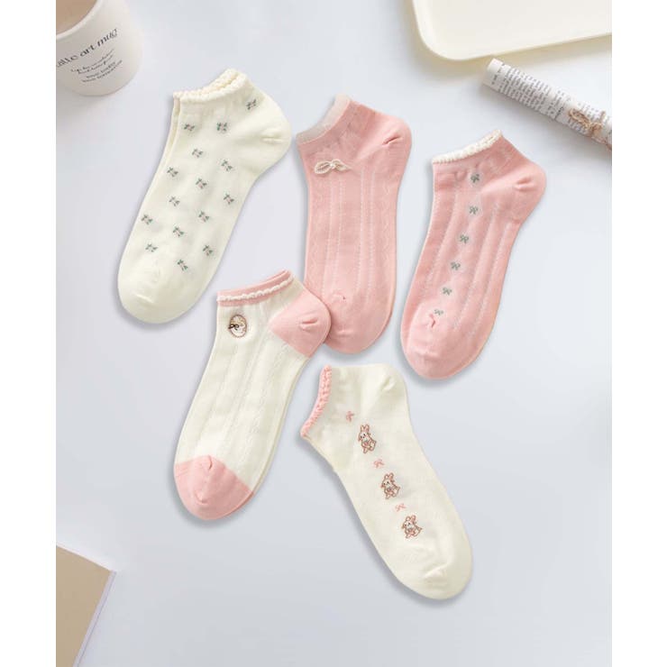 ピンク4 | 【MOSOX】ガーリー刺繍デザインコットン混アンクルソックス 5足セット | aimoha 