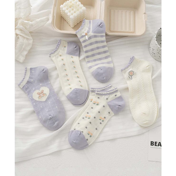 パープル3 | 【MOSOX】ガーリー刺繍デザインコットン混アンクルソックス 5足セット | aimoha 