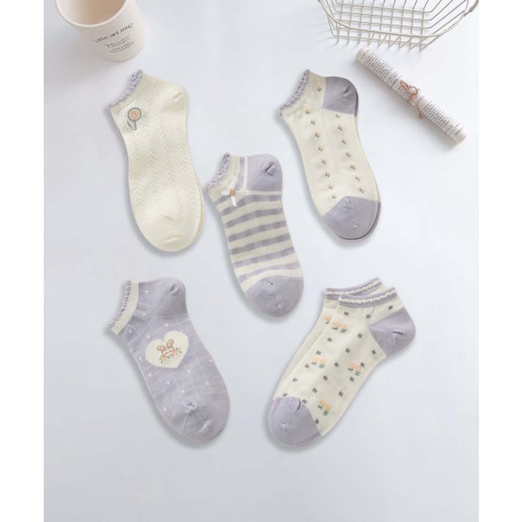 【MOSOX】ガーリー刺繍デザインコットン混アンクルソックス 5足セット | aimoha  | 詳細画像35 